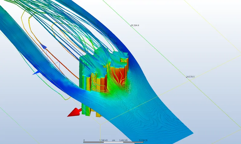 Autodesk CFD result from the course: wind flow and surface pressure on a cross-plan tower