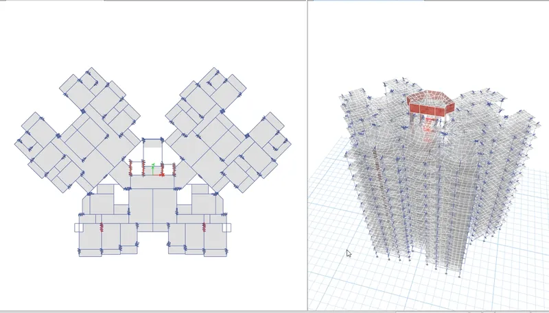 The G+12 building in ETABS: typical floor plan and 3-D frame